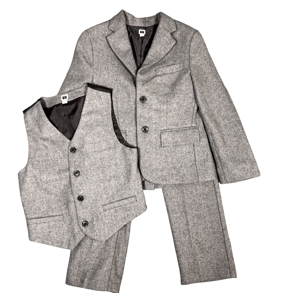 Janie And Jack Wool Blend 3 Piece Suit Set Boys 7 Grey Formal Blazer Vest pants